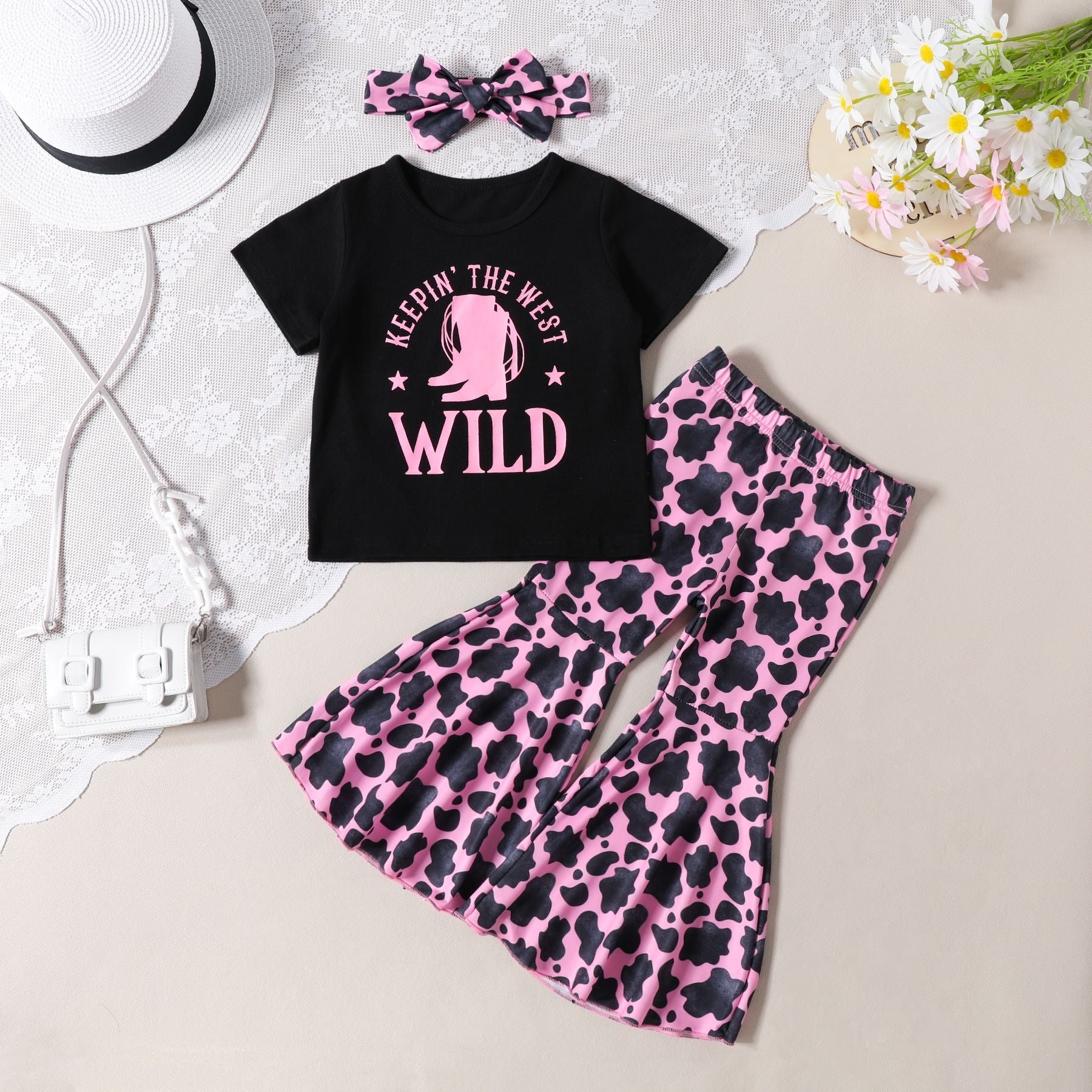 Wholesale of Summer Western Cowhead Printed Cotton T-shirts and Flared Pants Children's Sets